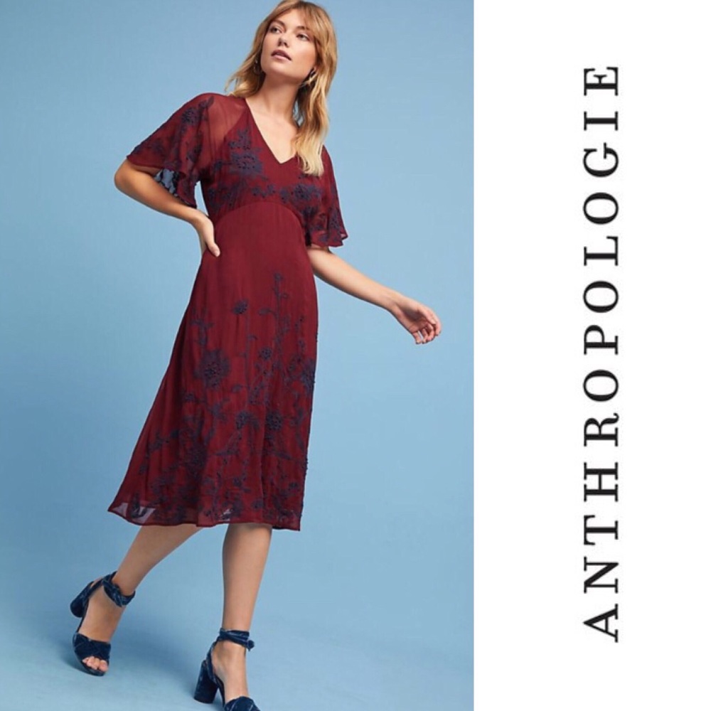 🌸NWOT ANTHRO Maeve Maroon Navy Embroidered Dress